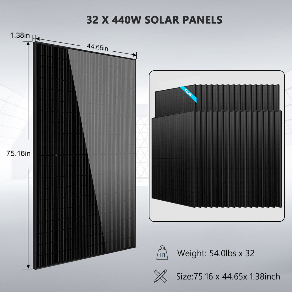 OFF GRID SOLAR KIT 20KW 48VDC 120V/240V LIFEPO4 30.72KWH LITHIUM BATTERY 32 X 440 WATTS SOLAR PANELS