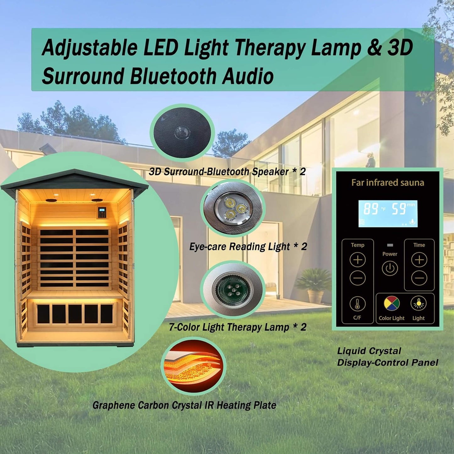 Premium 2-Person Black Carbonized Walnut Low EMF Far Infrared Outdoor Sauna With Bluetooth Audio And LED Lighting (SAK16850)
