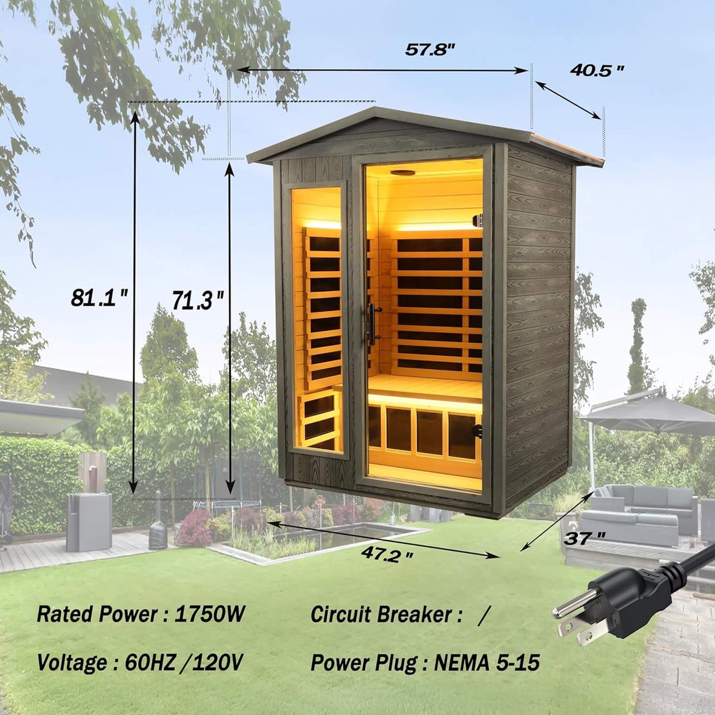 Premium 2-Person Black Carbonized Walnut Low EMF Far Infrared Outdoor Sauna With Bluetooth Audio And LED Lighting (SAK16850)
