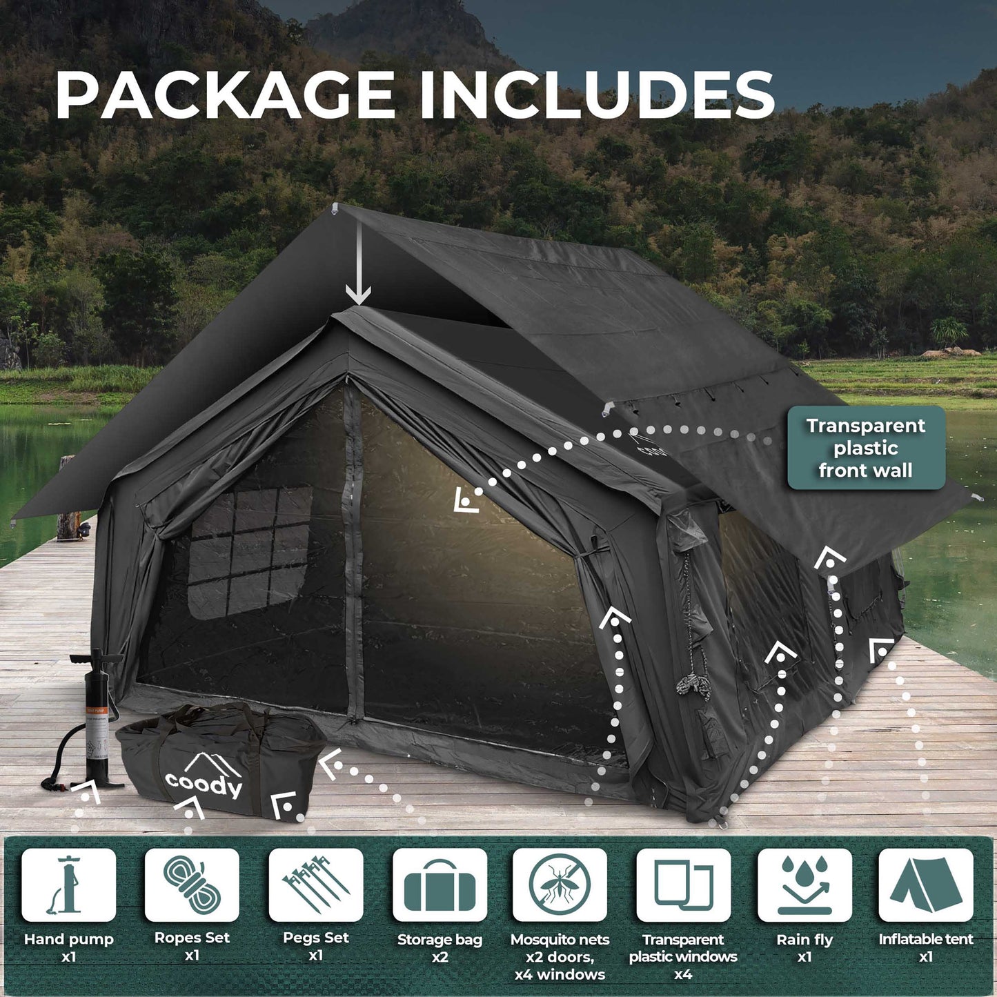 Coody 17.2 (Koala-7) Black Inflatable Tent House for Camping (2-10 person)