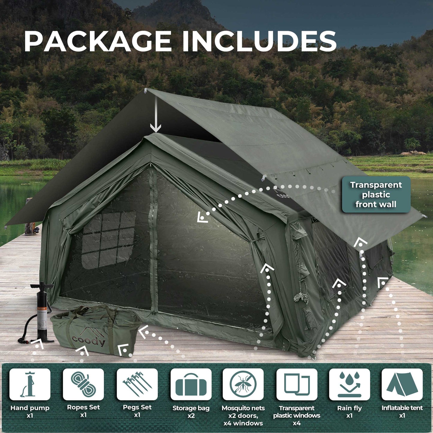 Coody 17.2 (Koala-7) Forest Green Inflatable Tent House for Camping (2-10 person)