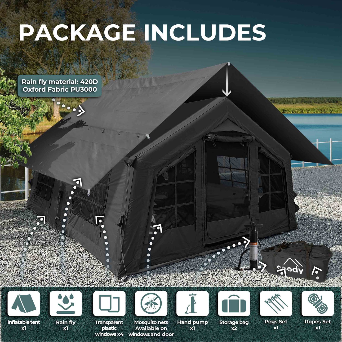 Coody 13.6 (Koala-5) Black Inflatable Tent House for Camping (2-8 person)