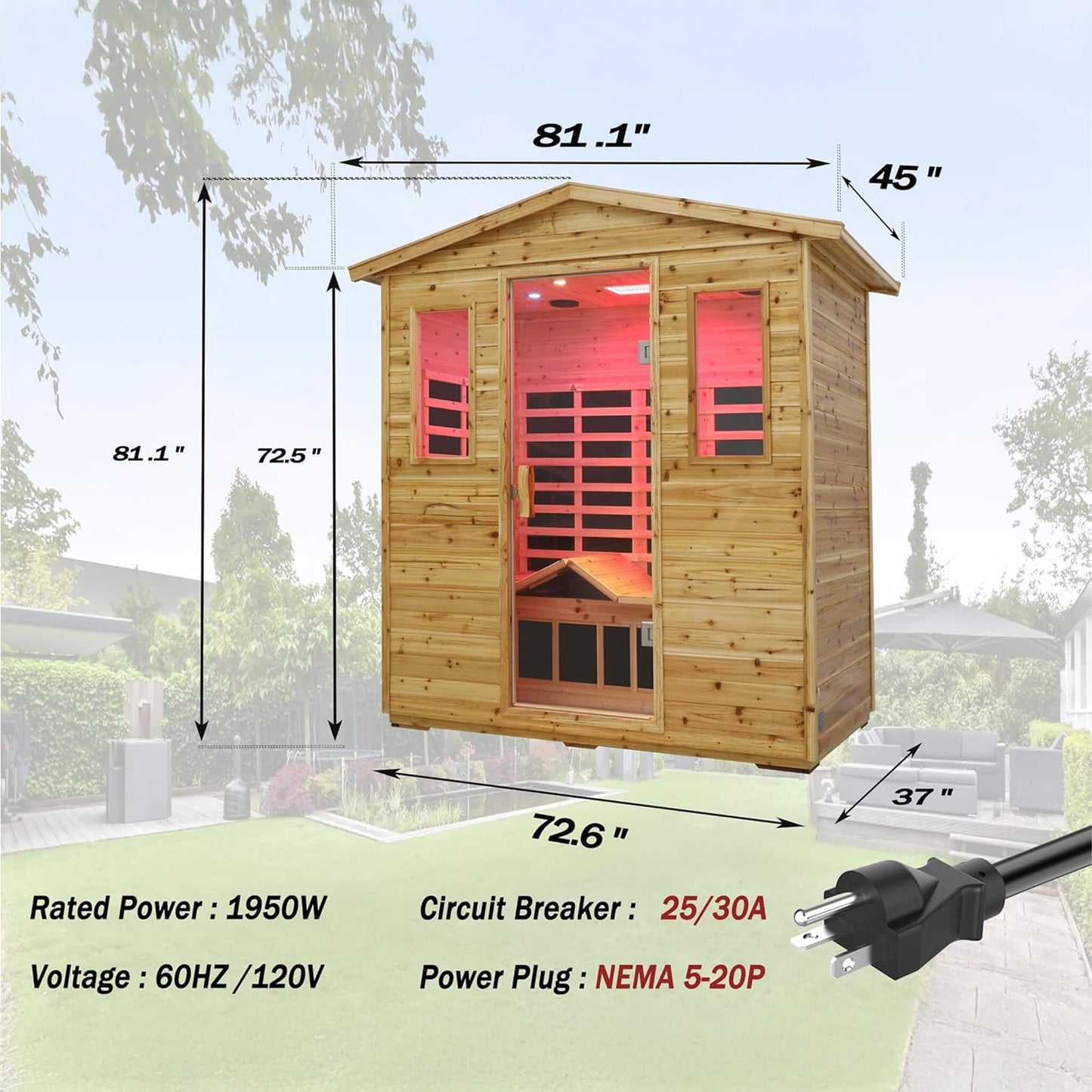 Deluxe 3-Person Outdoor Full Spectrum Low EMF Infrared Home Sauna With Bluetooth Speakers And LED Reading Light (SAK14098)