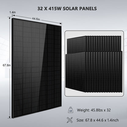 OFF GRID SOLAR KIT 16KW 48VDC 120V/240V LIFEPO4 25.6KWH LITHIUM BATTERY 32 X 415 WATTS SOLAR PANELS