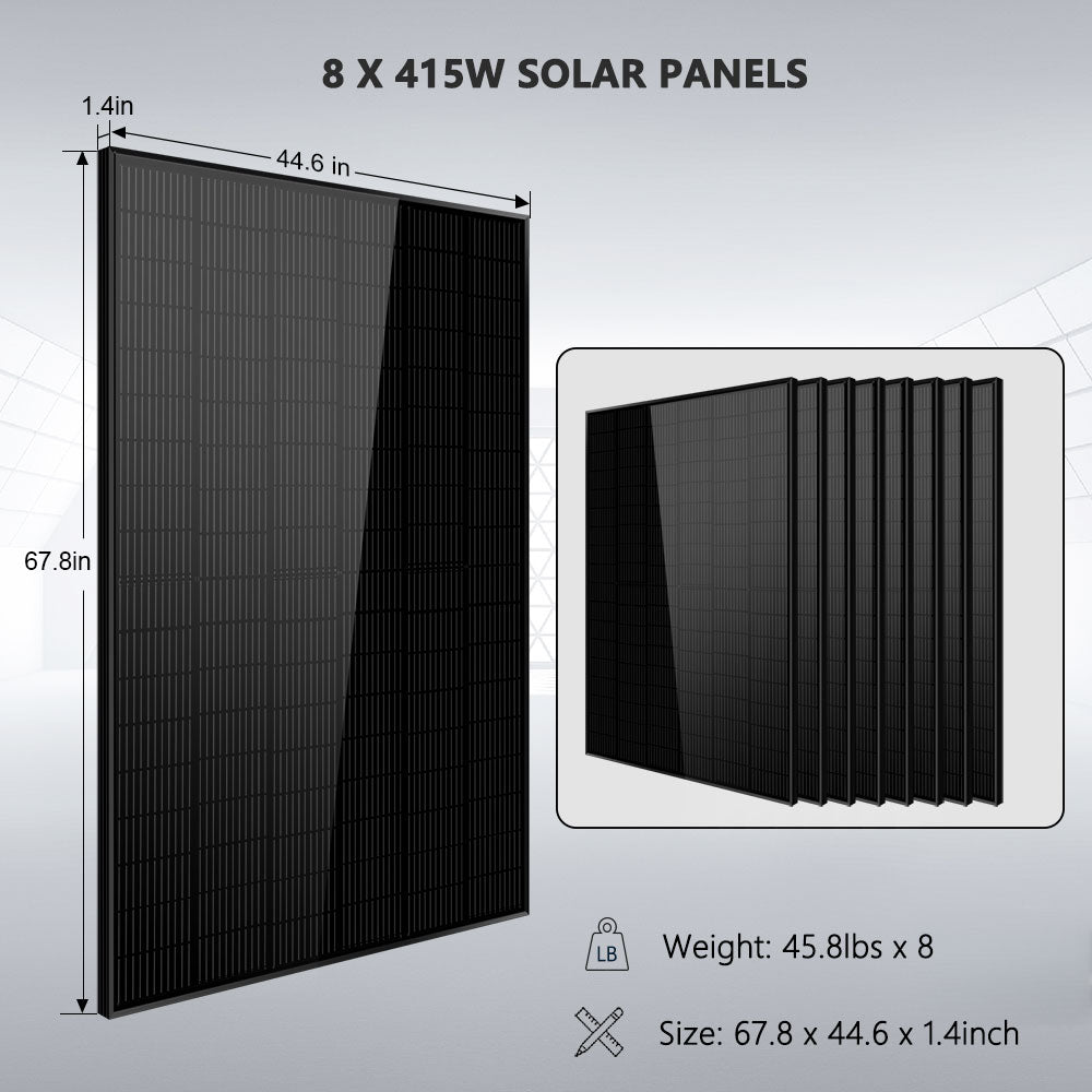 Off-Grid Solar Kit 6500W/ 8000W 48VDC 120V/240V LifePo4 10.24KWH-20.48KWH Lithium Battery 8 X 415 Watts Solar Panels