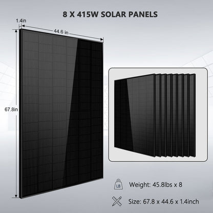 Off-Grid Solar Kit 6500W/ 8000W 48VDC 120V/240V LifePo4 10.24KWH-20.48KWH Lithium Battery 8 X 415 Watts Solar Panels