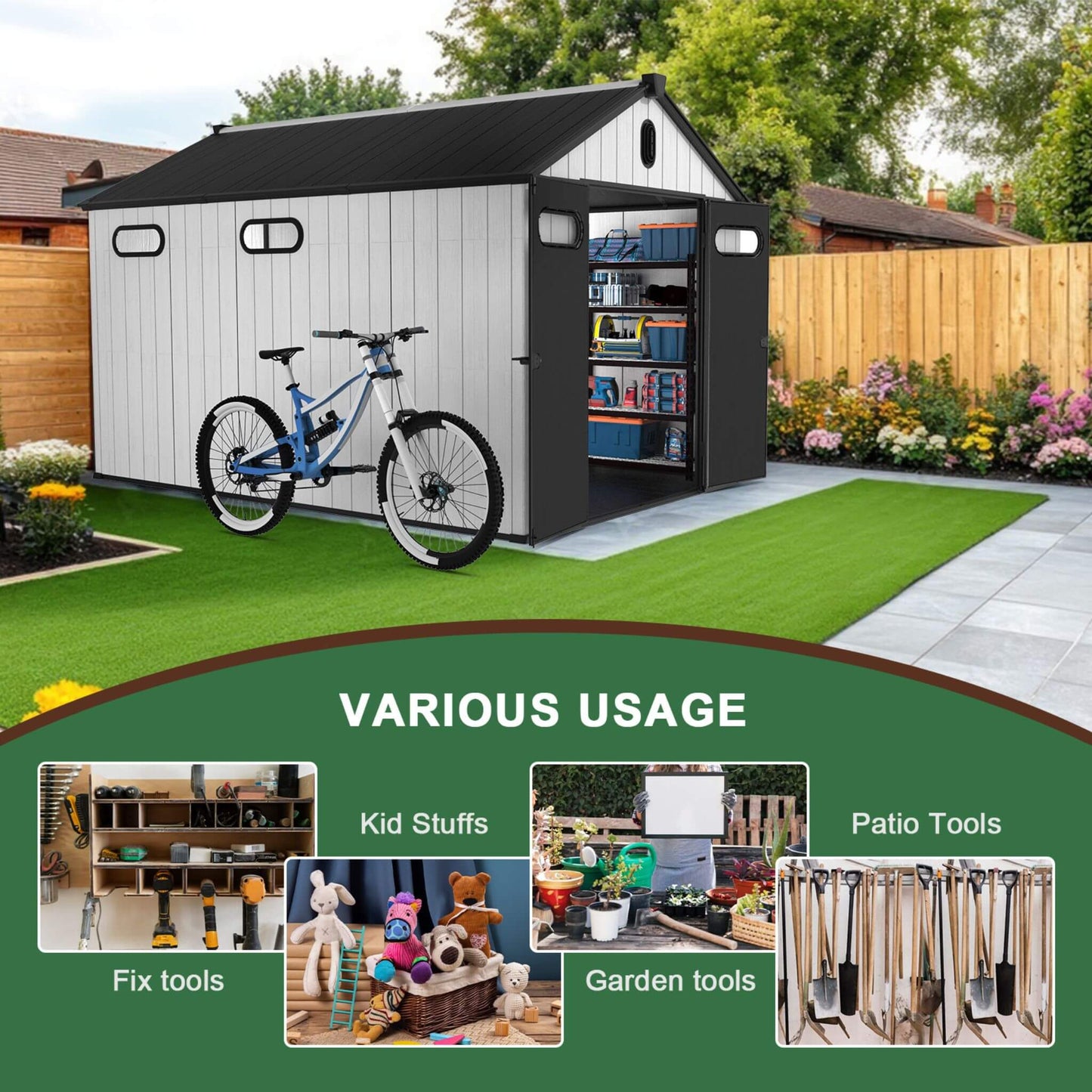 [08X12FT] Large Polypropylene Storage Shed With Reinforced Floor And Lockable Swing Doors (SAK07451)