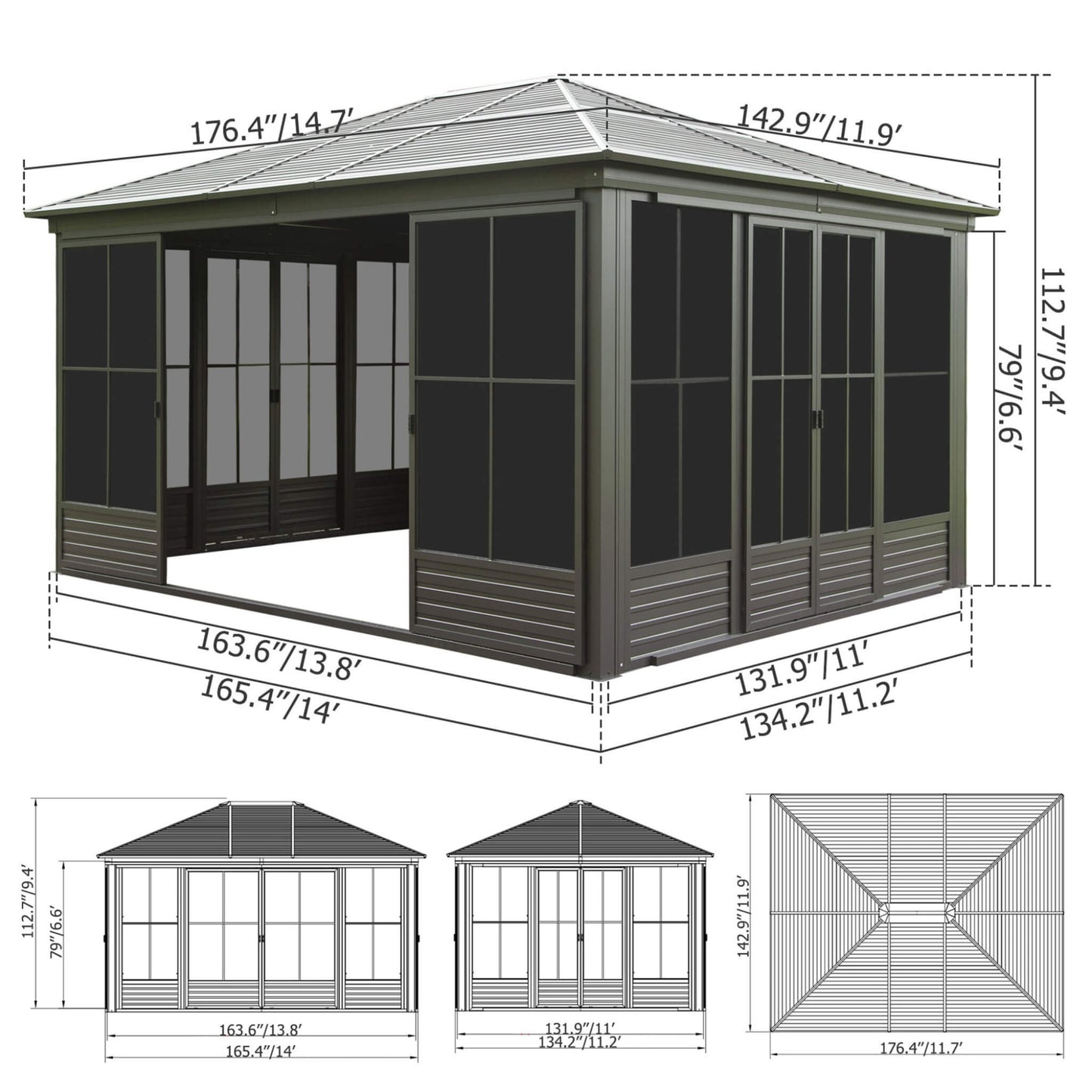 [12X14FT] Premium All-Weather Outdoor Aluminum Sunroom With Galvanized Steel Hardtop Sloping Roof, Lockable Doors, And Moveable PC Screens (SAK76831)