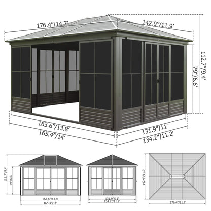 [12X14FT] Premium All-Weather Outdoor Aluminum Sunroom With Galvanized Steel Hardtop Sloping Roof, Lockable Doors, And Moveable PC Screens (SAK76831)