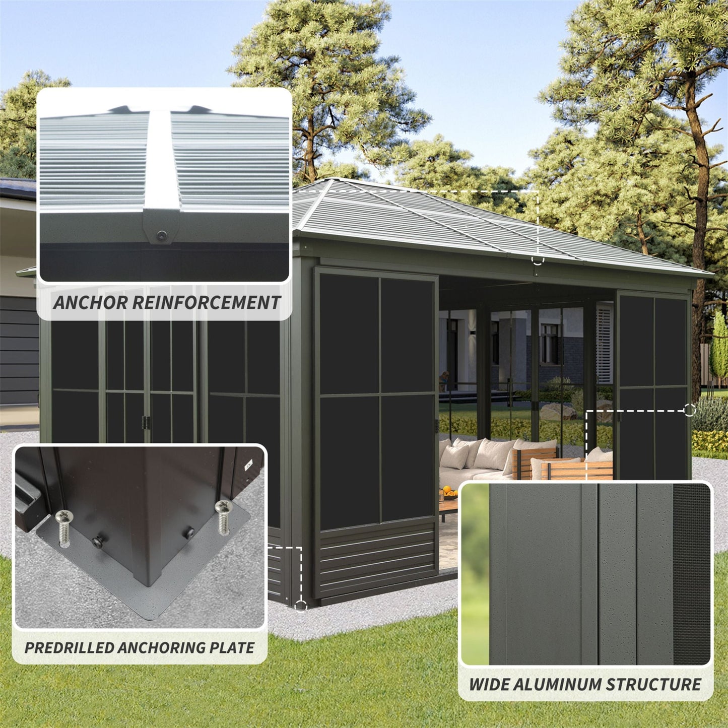 [12X14FT] Premium All-Weather Outdoor Aluminum Sunroom With Galvanized Steel Hardtop Sloping Roof, Lockable Doors, And Moveable PC Screens (SAK76831)
