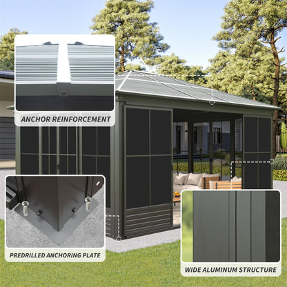 [12X14FT] Premium All-Weather Outdoor Aluminum Sunroom With Galvanized Steel Hardtop Sloping Roof, Lockable Doors, And Moveable PC Screens (SAK76831)