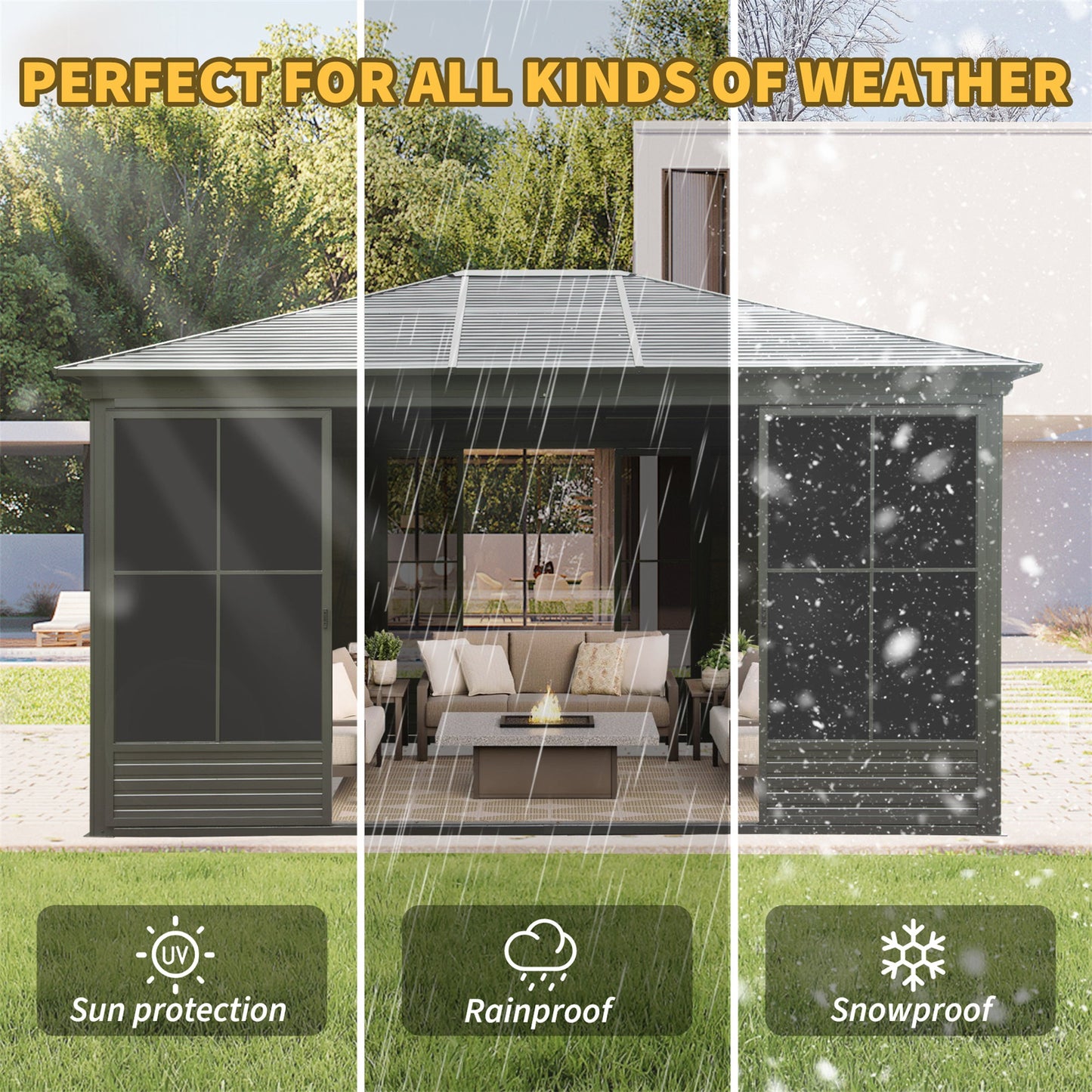 [12X14FT] Premium All-Weather Outdoor Aluminum Sunroom With Galvanized Steel Hardtop Sloping Roof, Lockable Doors, And Moveable PC Screens (SAK76831)