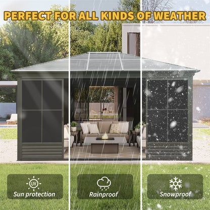[12X14FT] Premium All-Weather Outdoor Aluminum Sunroom With Galvanized Steel Hardtop Sloping Roof, Lockable Doors, And Moveable PC Screens (SAK76831)