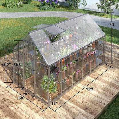 [06x12FT] Heavy Duty Outdoor Aluminum Polycarbonate Walk-In Greenhouse With Lockable Hinged Door (91384257)