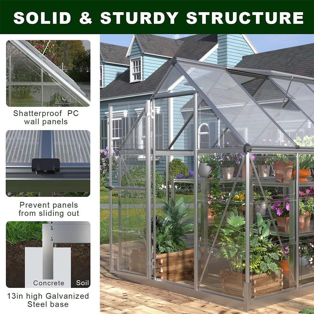 [06x12FT] Heavy Duty Outdoor Aluminum Polycarbonate Walk-In Greenhouse With Lockable Hinged Door (91384257)