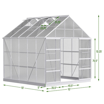 [10x10FT] Premium Outdoor Aluminum Walk-In Greenhouse With Polycarbonate Panels & Sliding Doors (94638275)