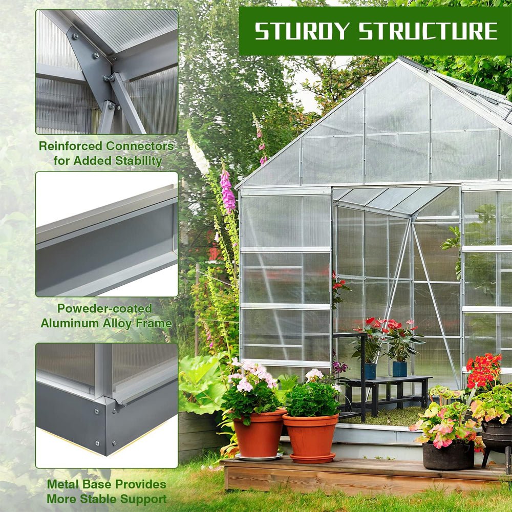 [10x16FT] Extra Large Heavy Duty Backyard Polycarbonate Aluminum Greenhouse With Sliding Doors And Vents (SAK97524)