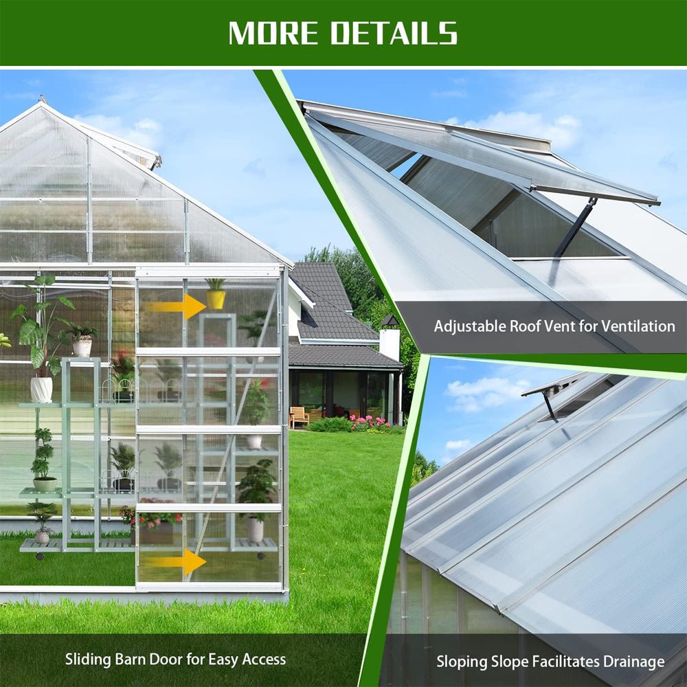 [10x16FT] Extra Large Heavy Duty Backyard Polycarbonate Aluminum Greenhouse With Sliding Doors And Vents (SAK97524)