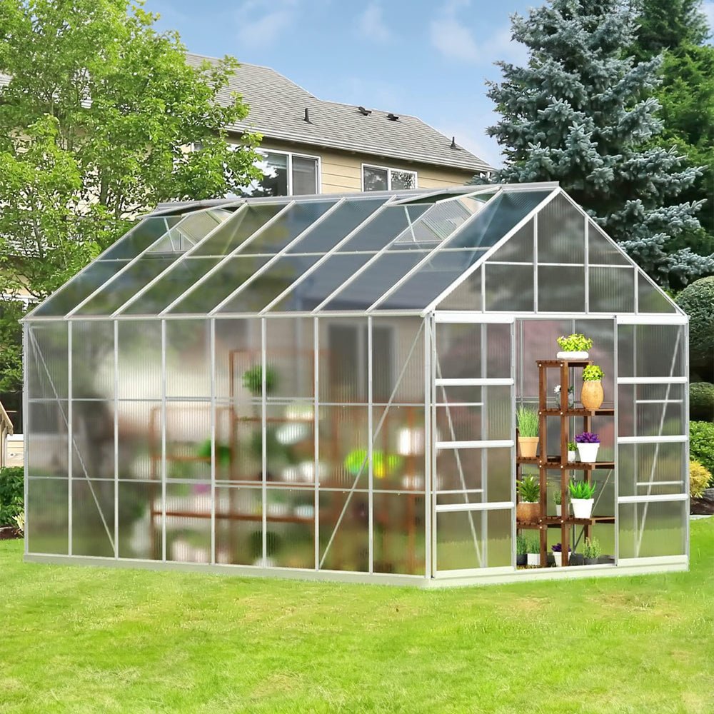 [10x16FT] Extra Large Heavy Duty Backyard Polycarbonate Aluminum Greenhouse With Sliding Doors And Vents (SAK97524)