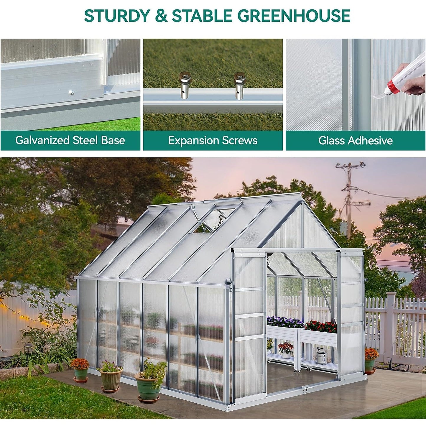 [10x12FT] Extra Large Heavy Duty Polycarbonate Aluminum Greenhouse With Sliding Doors And Vents (92574183)