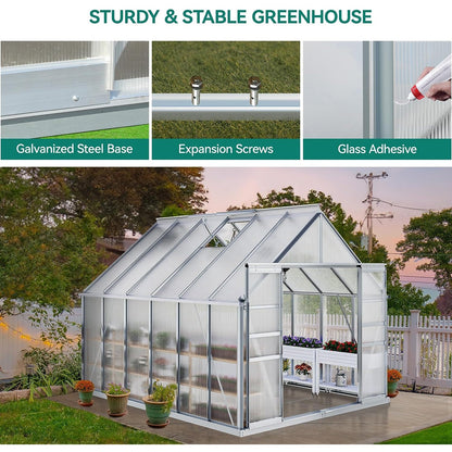 [10x12FT] Extra Large Heavy Duty Polycarbonate Aluminum Greenhouse With Sliding Doors And Vents (92574183)