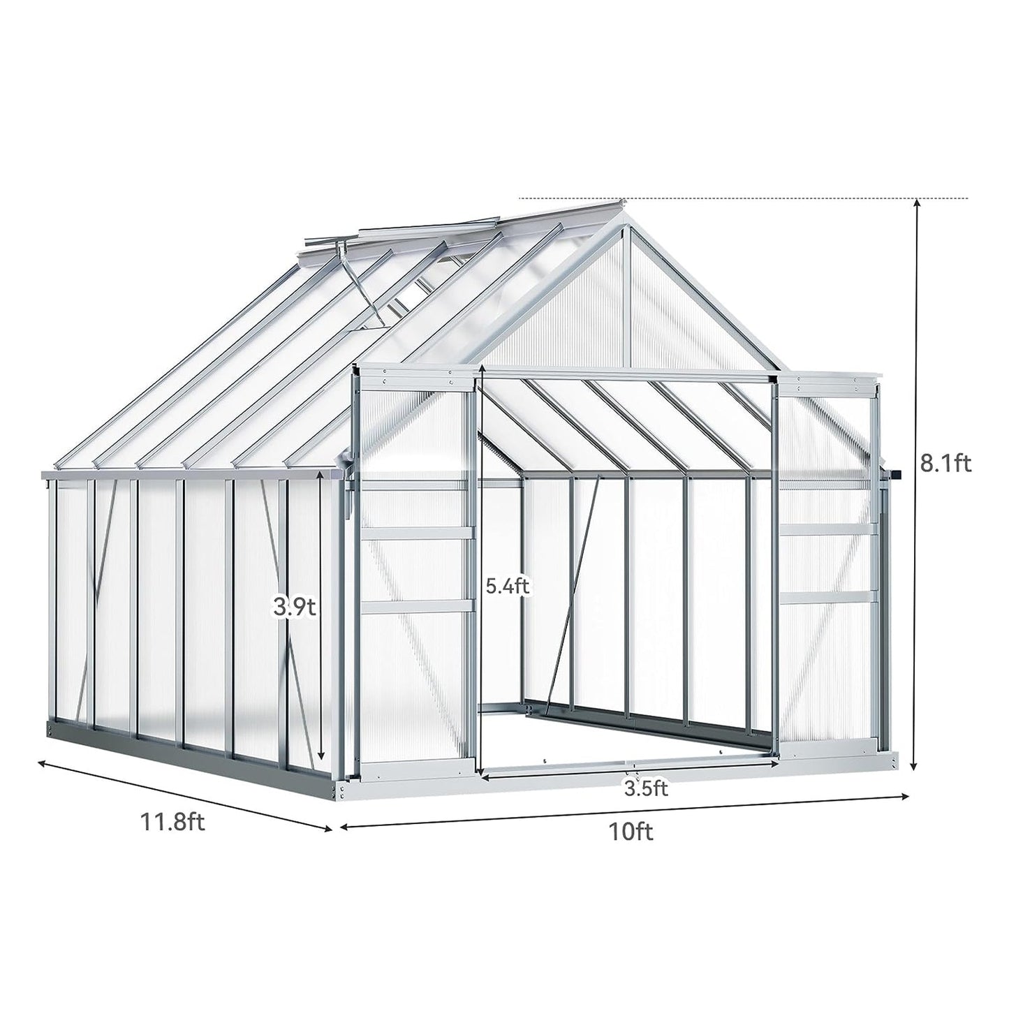 [10x12FT] Extra Large Heavy Duty Polycarbonate Aluminum Greenhouse With Sliding Doors And Vents (92574183)