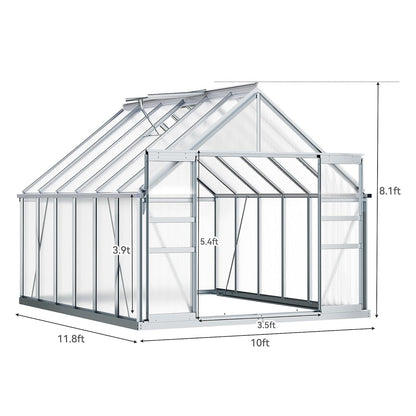 [10x12FT] Extra Large Heavy Duty Polycarbonate Aluminum Greenhouse With Sliding Doors And Vents (92574183)