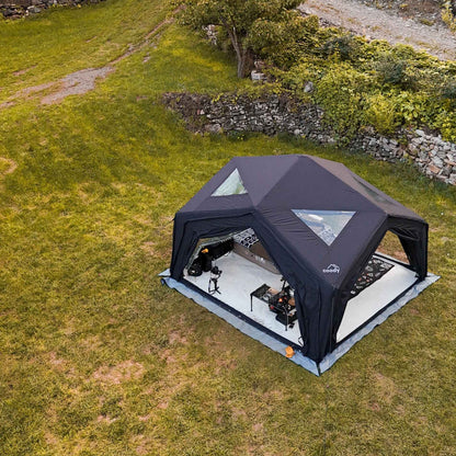 Black inflatable tent set up 