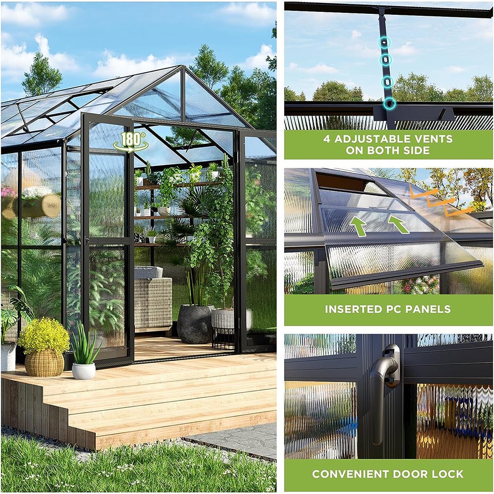 [08x16FT] Heavy Duty Outdoor Walk-In Polycarbonate Patio Greenhouse With Double Swing Doors (94826153)