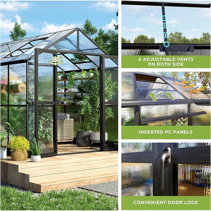 [08x16FT] Heavy Duty Outdoor Walk-In Polycarbonate Patio Greenhouse With Double Swing Doors (94826153)