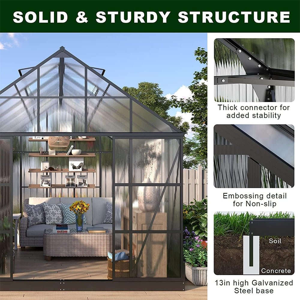 [10x12FT] Heavy Duty Outdoor Walk-In Polycarbonate Patio Greenhouse With Sliding Doors & Vents (SAK92846)