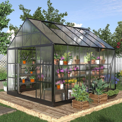 [10x12FT] Heavy Duty Outdoor Walk-In Polycarbonate Patio Greenhouse With Sliding Doors & Vents (SAK92846)