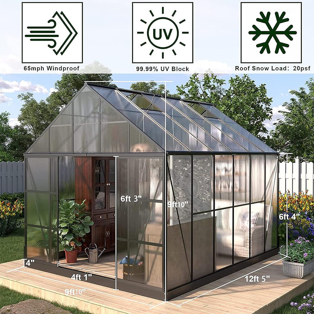 [10x12FT] Heavy Duty Outdoor Walk-In Polycarbonate Patio Greenhouse With Sliding Doors & Vents (SAK92846)