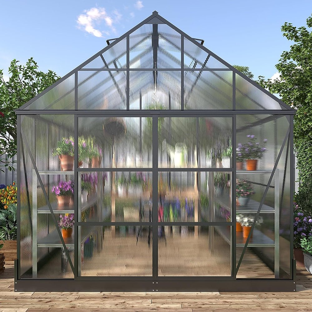 [10x12FT] Heavy Duty Outdoor Walk-In Polycarbonate Patio Greenhouse With Sliding Doors & Vents (SAK92846)
