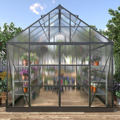 [10x12FT] Heavy Duty Outdoor Walk-In Polycarbonate Patio Greenhouse With Sliding Doors & Vents (SAK92846)