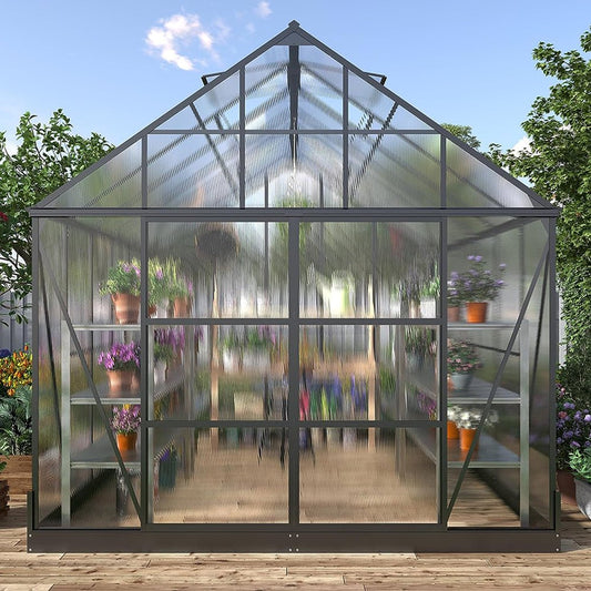 [10x12FT] Heavy Duty Outdoor Walk-In Polycarbonate Patio Greenhouse With Sliding Doors & Vents (SAK92846)