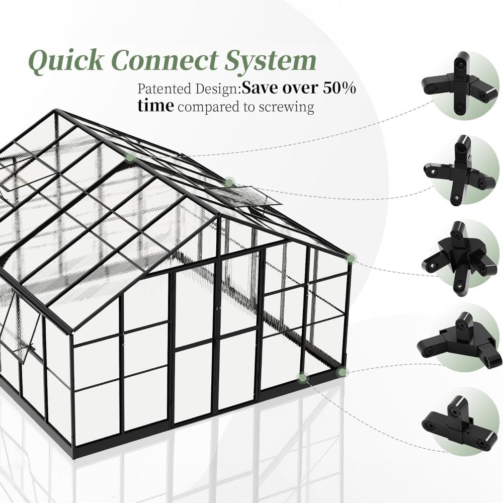 [12x13.5FT] Premium Extra Large Outdoor Aluminum Poylcarbonate Greenhouse With Quick Connect Fitting (94263715)