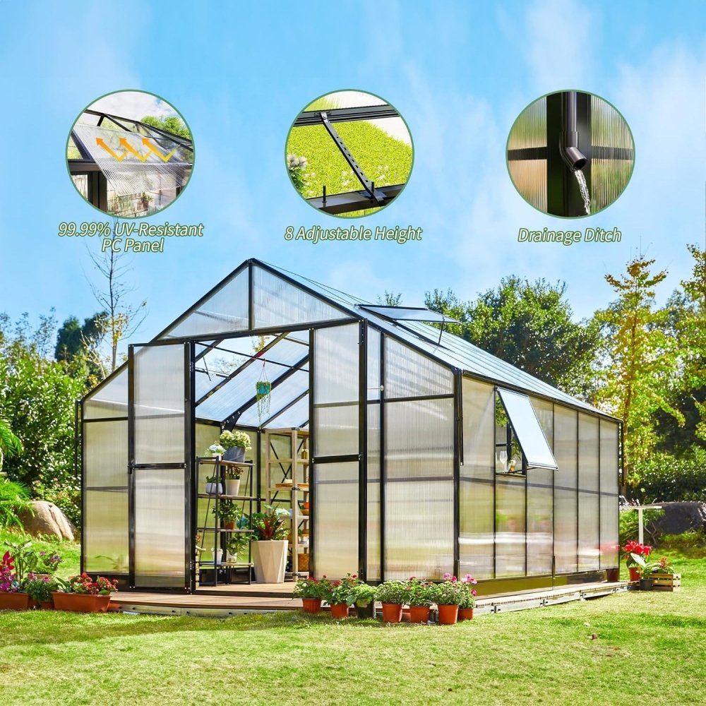 [12x13.5FT] Premium Extra Large Outdoor Aluminum Poylcarbonate Greenhouse With Quick Connect Fitting (94263715)