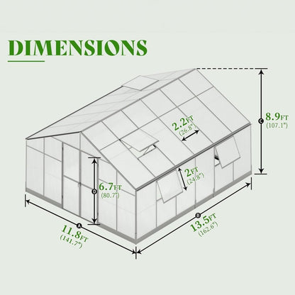 [12x13.5FT] Premium Extra Large Outdoor Aluminum Poylcarbonate Greenhouse With Quick Connect Fitting (94263715)
