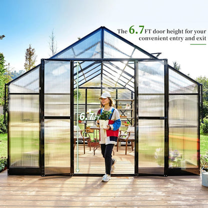[12x13.5FT] Premium Large Outdoor Double Door Aluminum Polycarbonate Greenhouse (96243175)