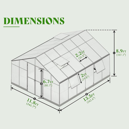 [12x13.5FT] Premium Large Outdoor Double Door Aluminum Polycarbonate Greenhouse (96243175)