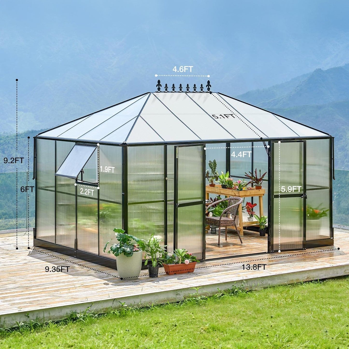 [10x14FT] Premium Outdoor Polycarbonate Greenhouse With Aluminum Frame And Double Swing Doors (93841752)