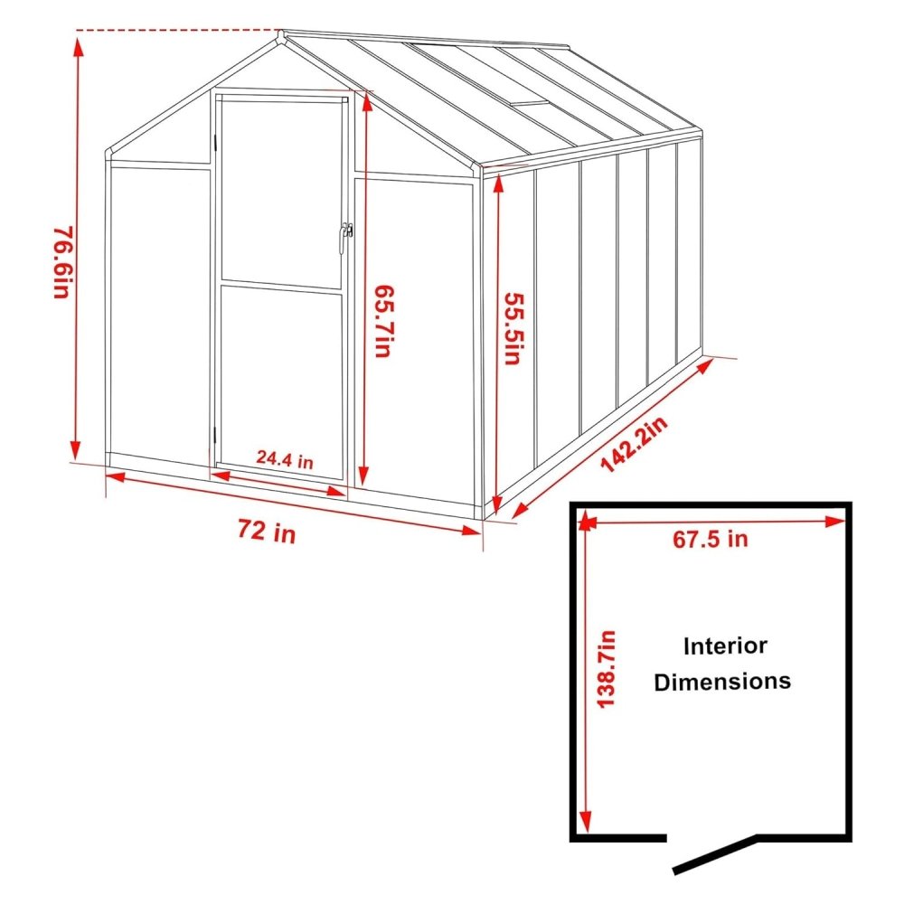 [06x12FT] Premium Polycarbonate Gray Walk-In Greenhouse Kit With Adjustable Vent And Lockable Door (97135264)